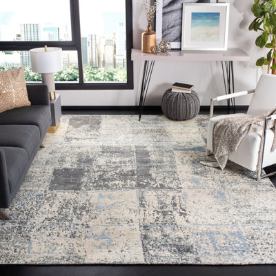 Tiffany Hand Knotted Viscose/Cotton/Linen/Wool Abstract Rug in Silver/Ivory