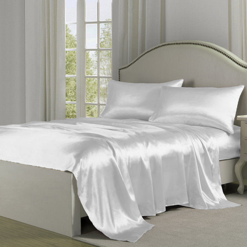 Ensemble de draps 4 pièces en satin doux et soyeux, Noir, Ensemble de draps pour très grand lit avec 2 taie
