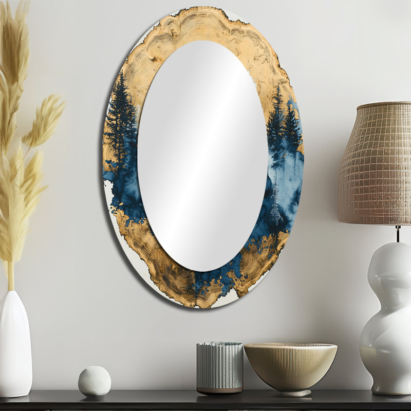 Golden Wolf In Blue Forest Landscape II - grand miroir mural ovale sur métal, 36 po x 24 po