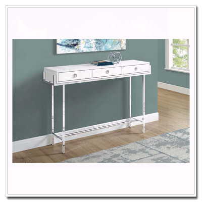 Table d'appoint, console, vestibule, étroit, canapé, tiroir de rangement, salon, chambre à coucher, stratifié blanc brillant, métal chromé, contemporain, moderne