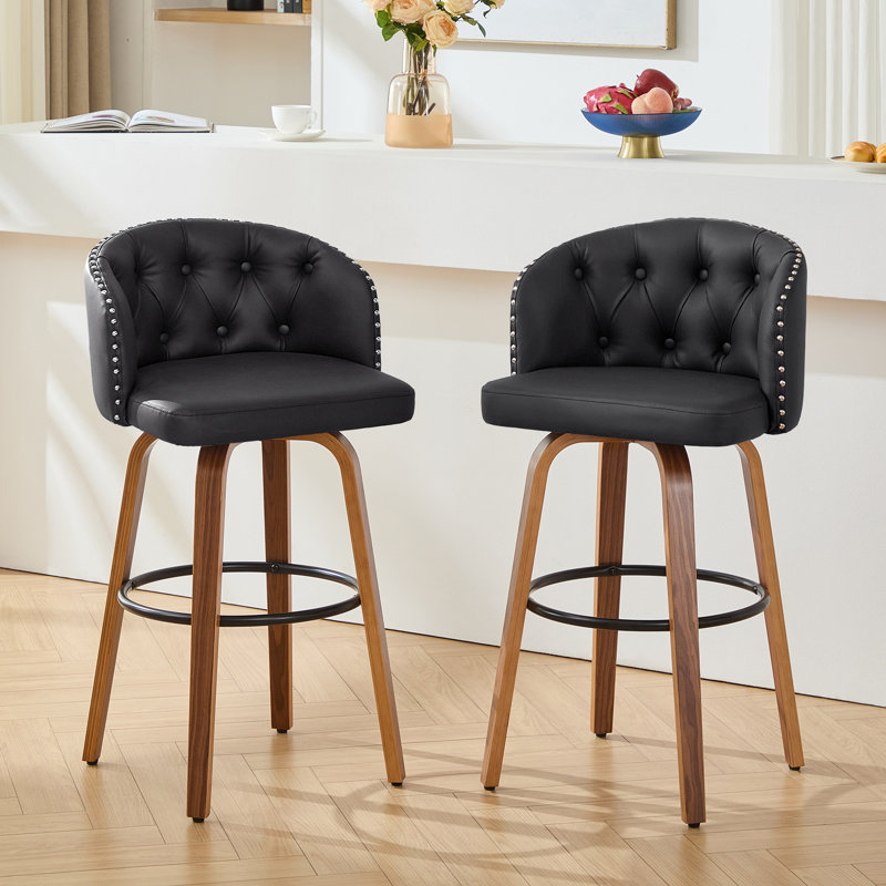 Counter Height Upholstered Swivel Bar Stools Set of 2, Modern Kitchen Island Chairs with Wide Backrest, Solid Wood Legs & Nailhead Trim