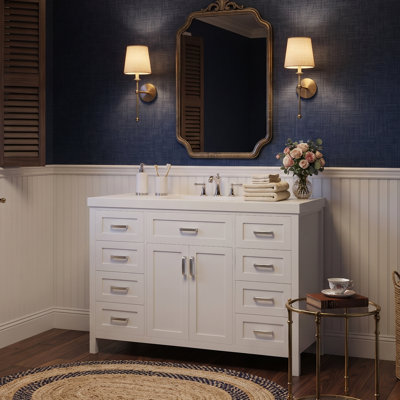 Meuble-lavabo moderne 48 po avec lavabo en résine intégré, armoire de rangement en pin massif et 8 tiroirs (blanc / noir)