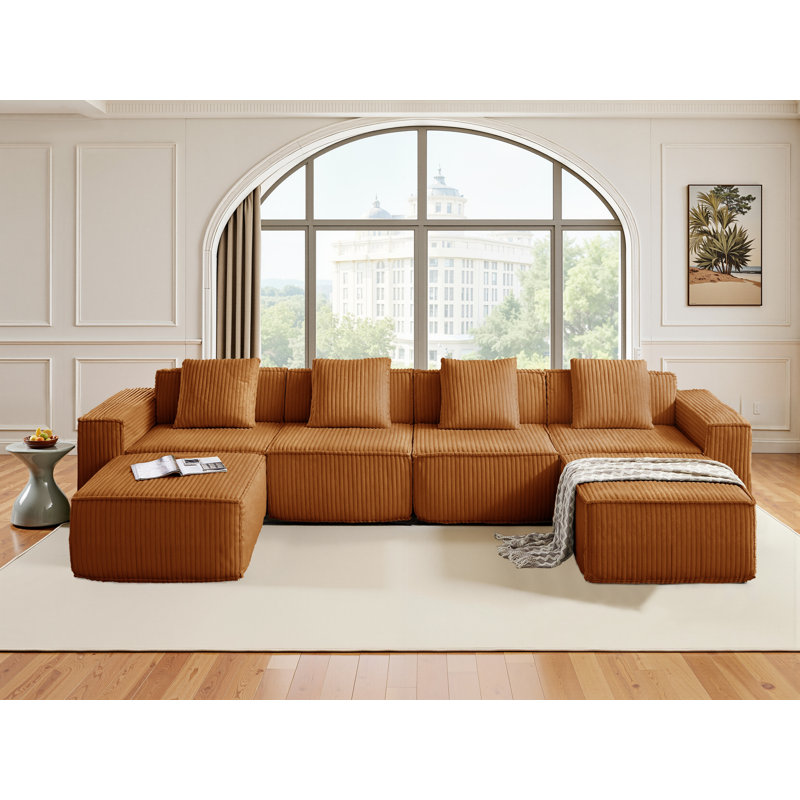Canapé modulaire en L en forme de L ou en U, configurable et désossé, Velours côtelé orange
