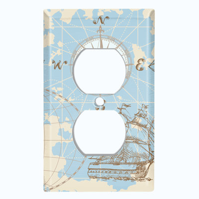 Metal Light Switch Plate Outlet Cover (World Sea Ship Globe Compass Ocean Blue - Single Toggle)