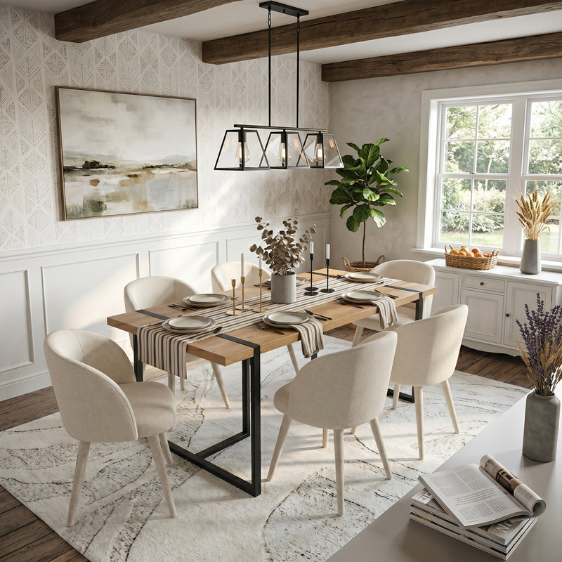 Modern 79" Rectangular Dining Table Set with 6 Upholstered Armchairs, White
