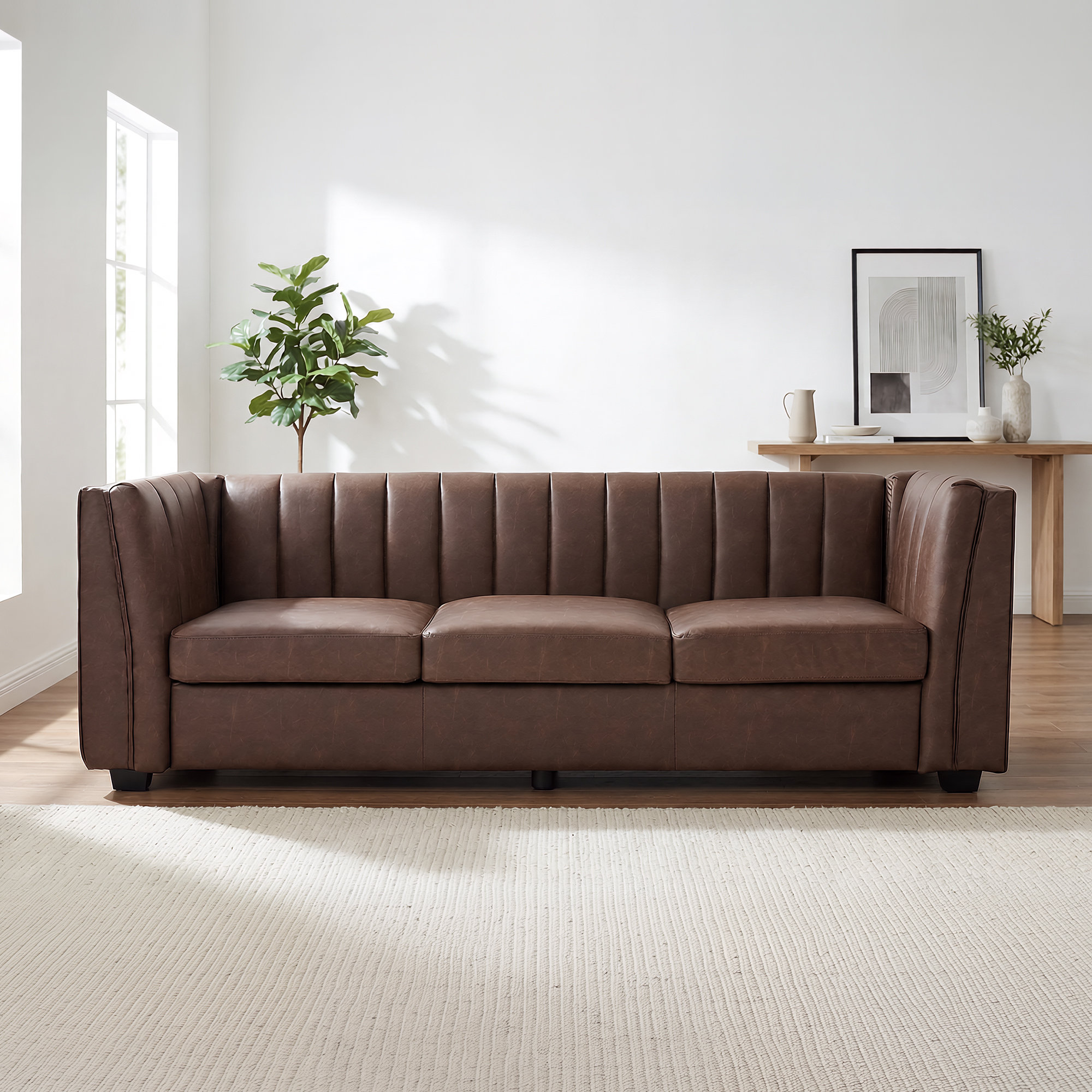 Allard Velvet Living Room Sofa, Mocha Faux Leather