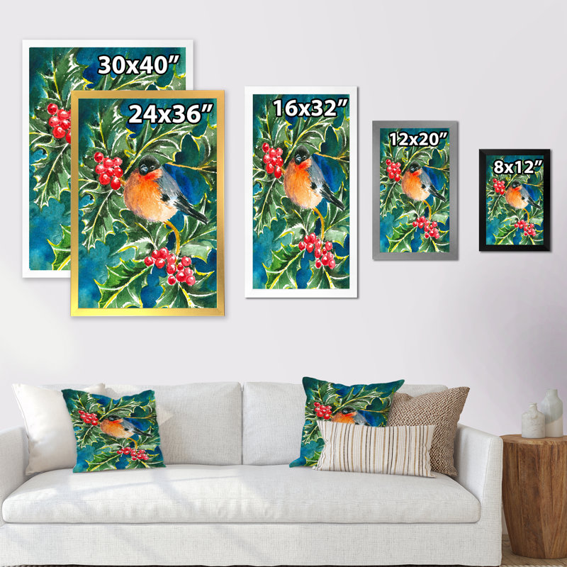 Bouvreuil avec oiseaux sur un arbre de Noël - art mural traditionnel sur toile, H 32 po x l 16 po x P 1 po