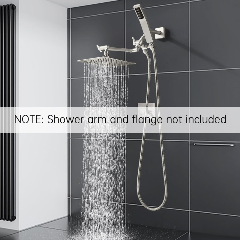 Brushed Nickel Dual Square Rain Shower Head with Handheld Wand