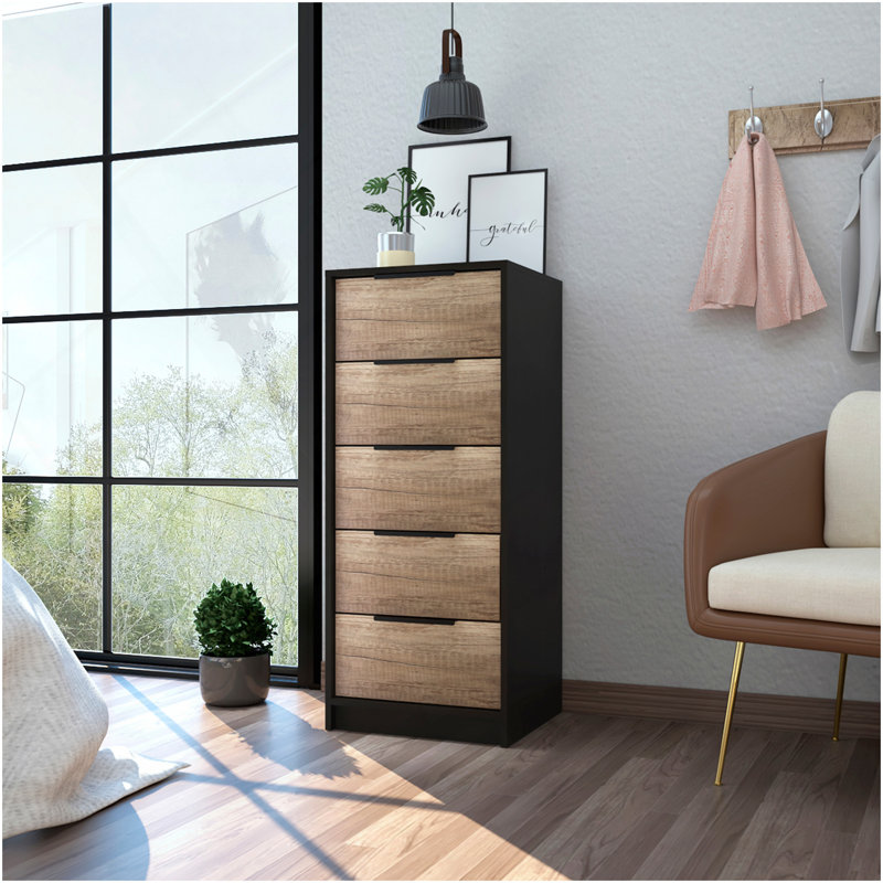 Commode verticale 5 tiroirs Kaia - Noir / pin, Noir / Pin