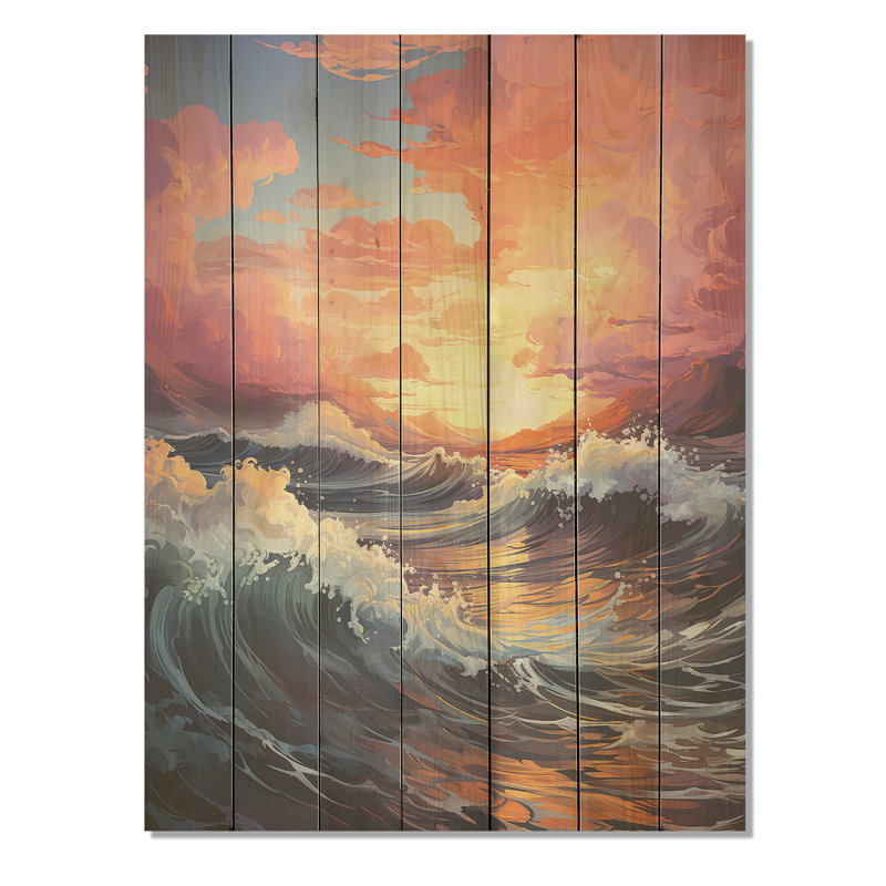 Abstrait orange, mer blanche et coucher de soleil I - plage et océan sur bois, H 44 po x l 34 po