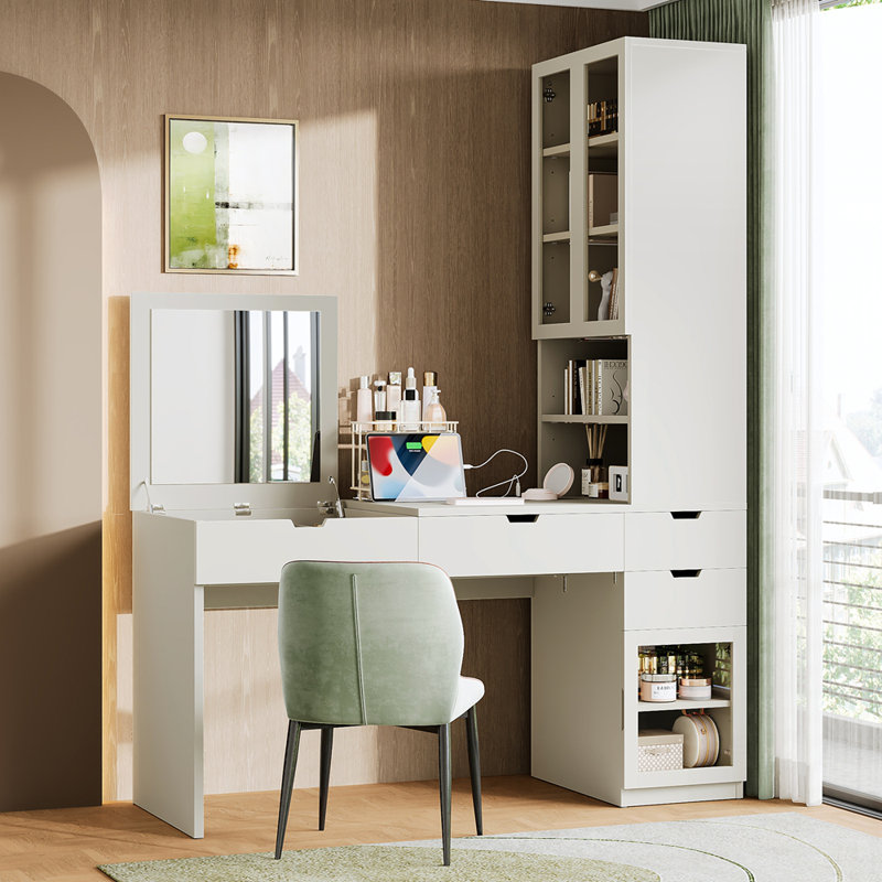 Meuble-lavabo polyvalent avec miroir et station de charge, coiffeuse avec 8 compartiments cachés, 3 tiroirs, 2 armoires et tablettes ouvertes pour le bureau à domicile