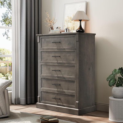 Farmhouse 5 Drawer Dresser Rustic Wood Chest for Bedroom Gray
