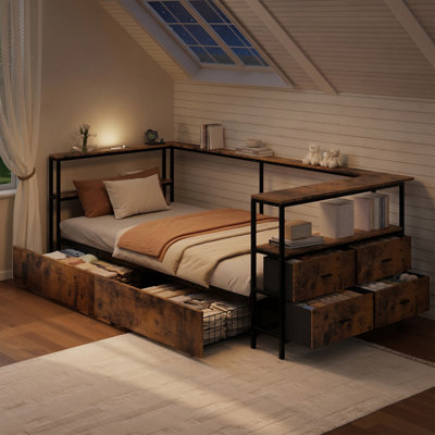Twin Corner Bed Frame, Metal Platform Bed with 2 Storage Drawers, L-Shaped Daybed, Black