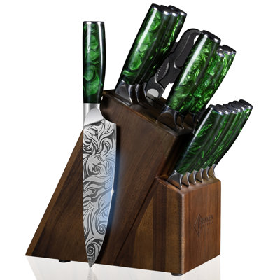 Senken Knives 16-Piece Engraved "Wasabi" Japanese Knife Block Set, Green Resin Handles - Natural Acacia Wood Block, Chef Knife Set, Steak Knives, Kit