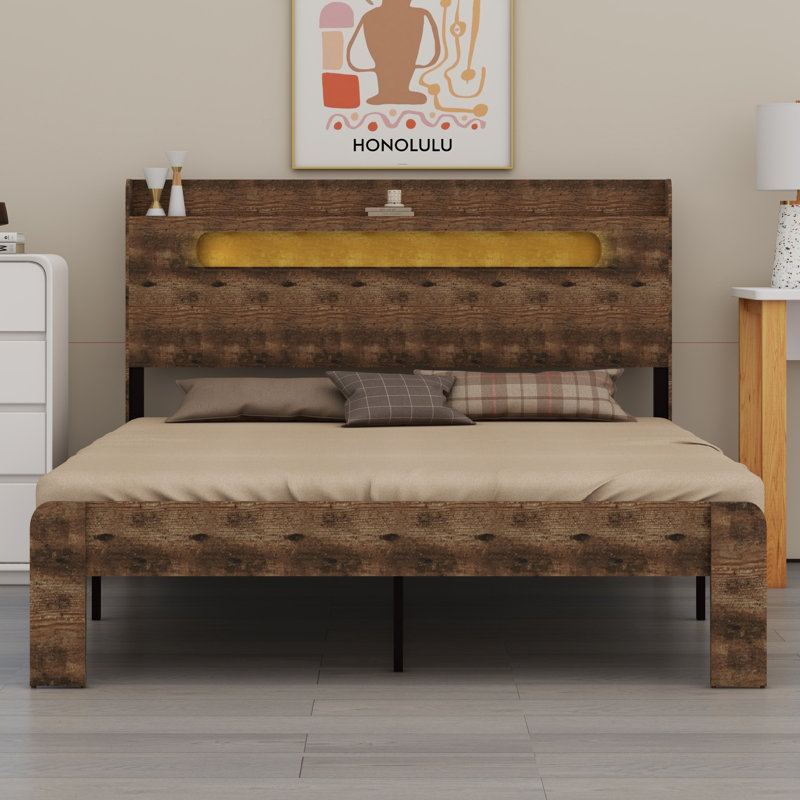 Structure de lit plateforme en bois avec tête de lit à DEL avec rangement et 2 USB, grand rangement sous le lit