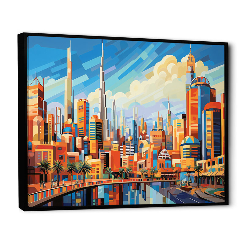 Pop Art, paysage urbain de Dubaï III, impression sur toile encadrée, Cadre flottant noir, 34" H x 44" W