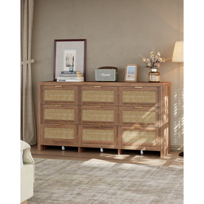 9-Drawer Rattan Dresser With Wheels ,Walnut