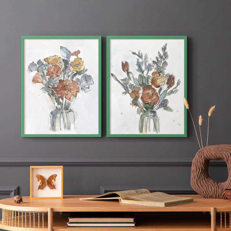 Arrangement floral aquarelle I - impression encadrée de qualité supérieure - prête à être accrochée - aucun clou requis - aucun clou requis
