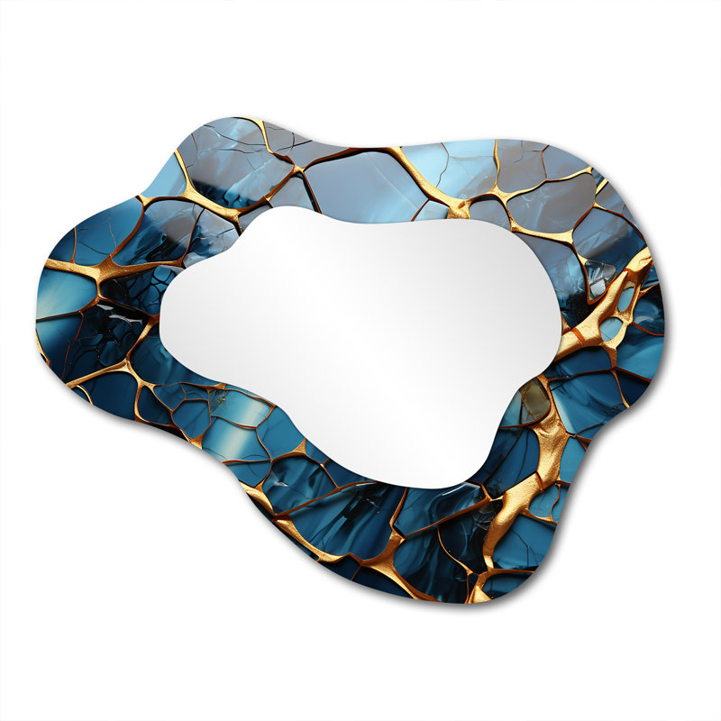 Gold and Blue Marble Mosaic Agate I - Abstract Cloud Unique Wall Mirror, Modern Asymmetrical Mirror, Printed Metal Art