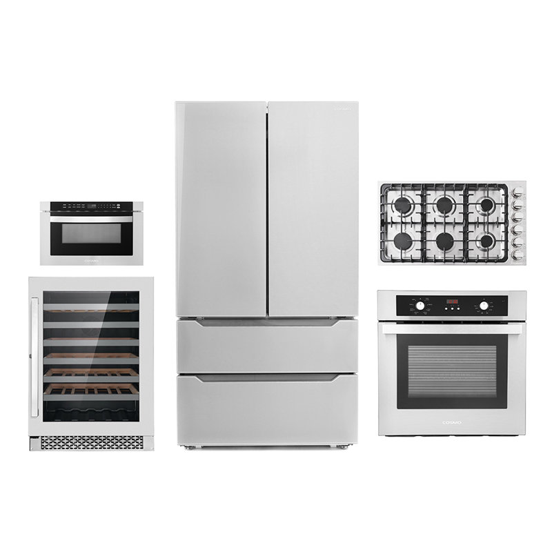 Cosmo 5 Piece Kitchen Appliance Package with French Door Refrigerator 36'' Gas Cooktop Microwave Drawer