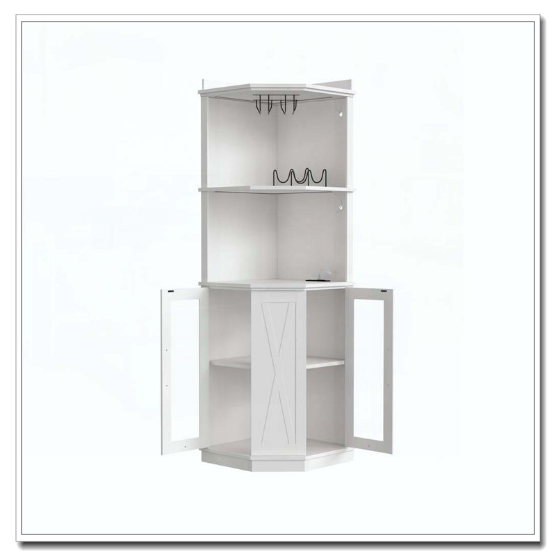67.3" Corner Bar Cabinet with Power Outlet, Farmhouse Wine Bar Cabinet with Adjustable Shelves for Home,with Lights & Glass Rack