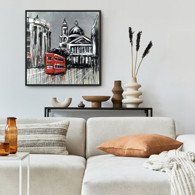 London Street with Red Bus - Office Gray Framed Canvas Decor