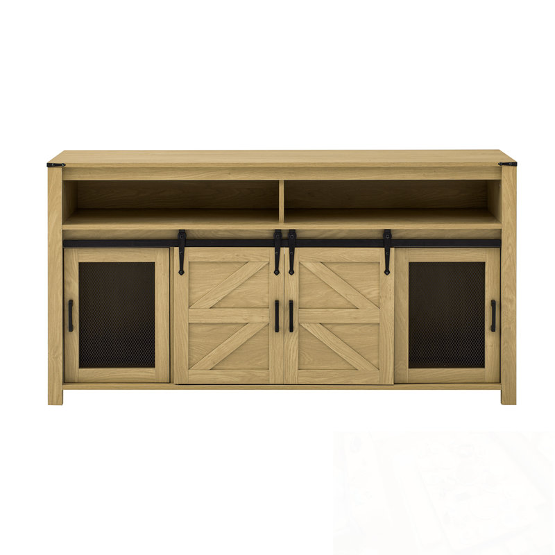 Buffet avec porte de grange coulissante, panneaux en filet et rangement ouvert, Naturel