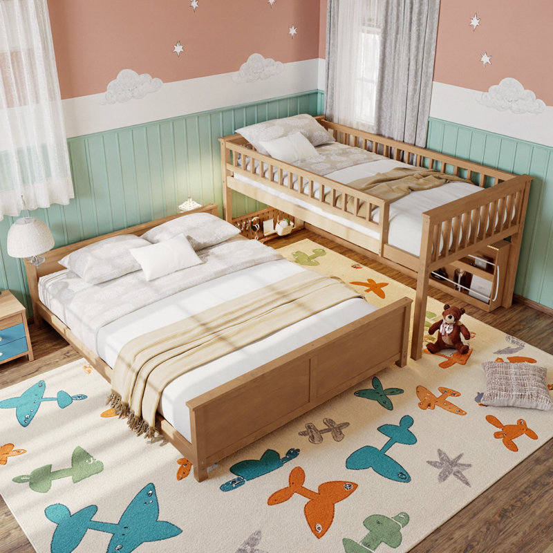 Convertible Twin XL Over Queen Kids Bunk Bed with Integrated Storage, Color-Changing Mood Lights, and Custom Pegboard for Safe and Fun Shared Rooms