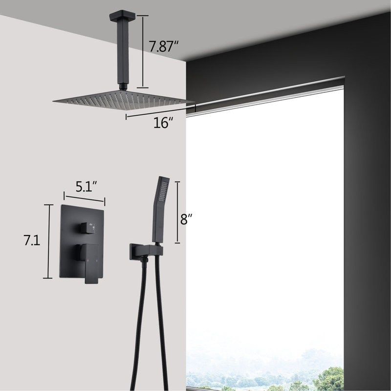 Ceiling Mounted Shower Kit Matte Black - Handheld & 16" Head Nozzle For Effective Cleaning, High Rust- Brass Mixing Valve,