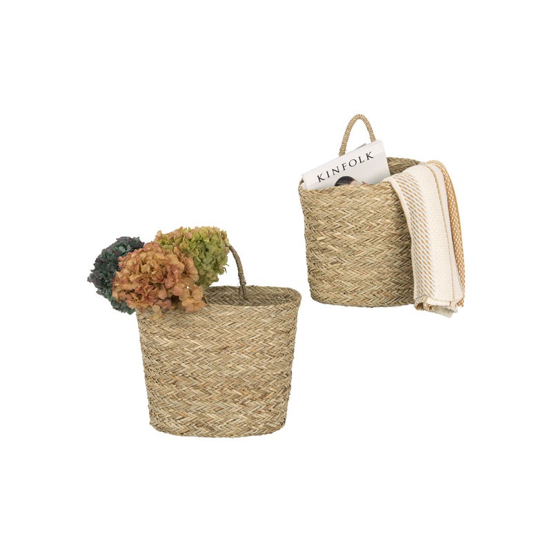 Handwoven Seagrass Wall Mount Baskets with Handles, Natural, Set of 2