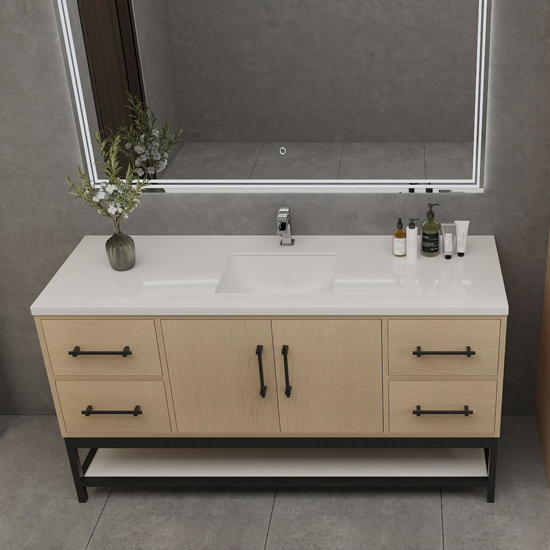 Meuble-lavabo mural 60 po avec support et évier en acrylique renforcé Victoria, Chêne jaune