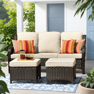 Peridot Outdoor Rattan 3-Person Sofa With Ottoman by XIZZI