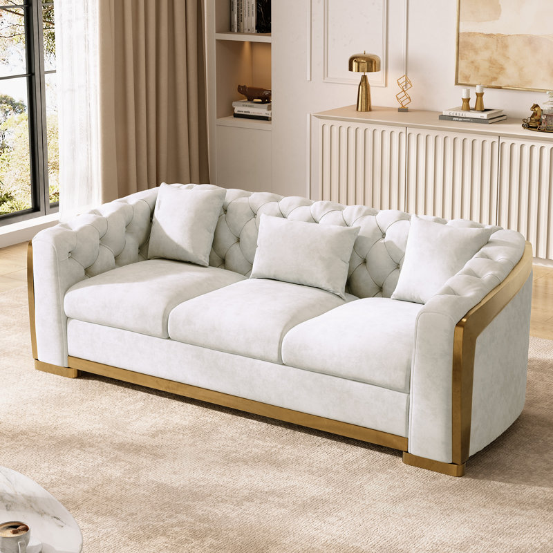 Canapé moderne capitonné de 210 cm (82,7 po) avec dossier capitonné et garniture métallique, Beige
