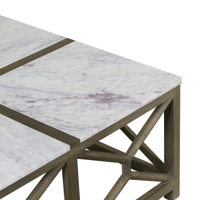 Karlotte Coffee Table, 40 Inch Square White Genuine Marble Top, Sandblasted Washed Ash Gray Mango Wood Geometric Frame