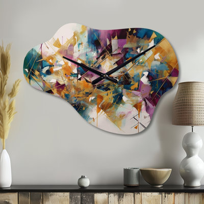 Cairney Golden Explosion Triangles I - Asymmetrical Geometric Metal Wall Clock, Cloud Wall Clock Print
