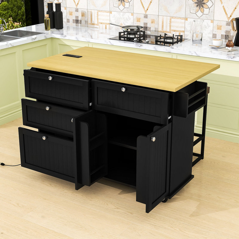 Farmhouse Rolling Kitchen Island with Drop Leaf, Storage Cabinet, Drawers, Power Outlet and 2 Stools, Black