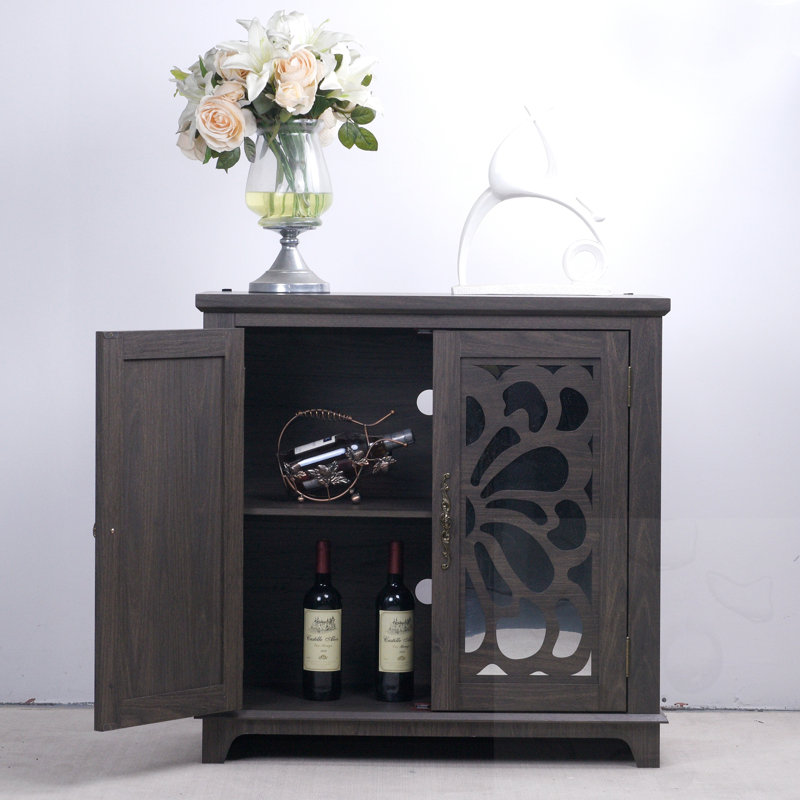 Buffet décoratif creux sculpté avec portes en miroir et tablette réglable, Dark Brown