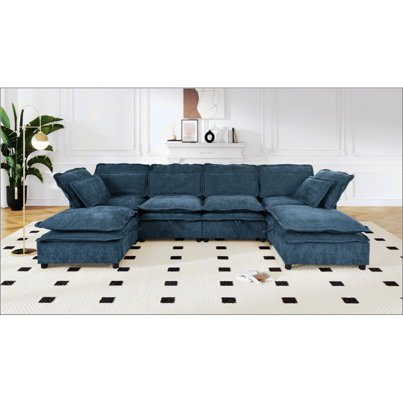 Double-Layer Cushion Modern Large U-Shaped Modular Sofa, Dark Blue Polyester