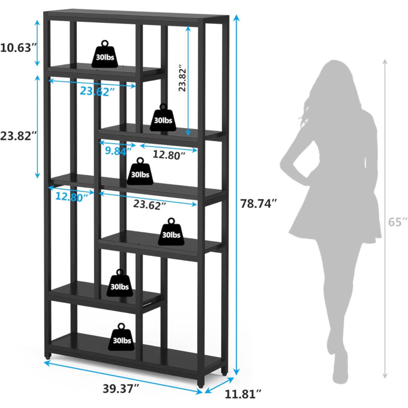 Très grande bibliothèque industrielle à 7 niveaux 78,7 "avec 10 tablettes pour le salon, la chambre à coucher, Black