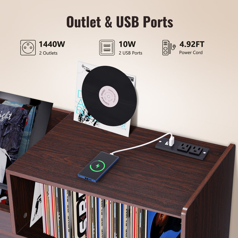 Large Dark Brown Wood Record Player Stand with LED Light and Power Outlet