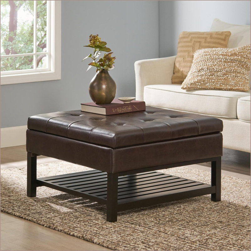 Table repose-pieds avec rangement, carré en cuir reconstitué brun noyer 31 po avec tablette inférieure pour le salon | Noyer brun | Bois espresso