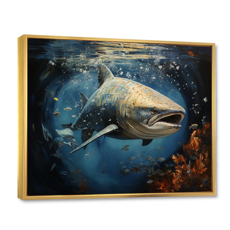 Requin gris, bleu, élégance II - imprimé, H 30 po x l 40 po x P 1,5 po, Cadre flottant doré