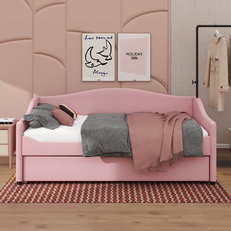 Lit de jour Teddy avec éclairage intégré et tablettes coulissantes, Double, Rose