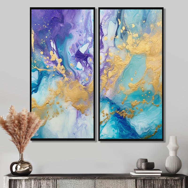 Turquoise et mauve liquide Art IV - art mural moderne turquoise 2 panneaux, H 20 po x l 24 po, Noir, noir, noir, noir