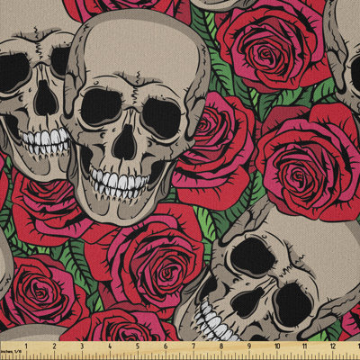 Skull Red Flowers Retro Fabric