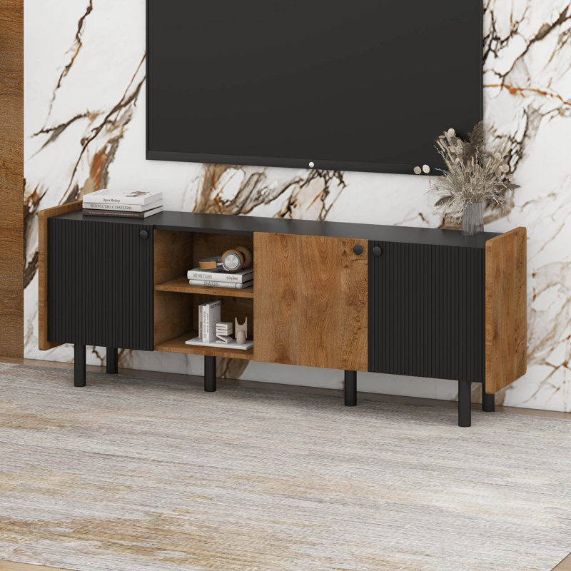 Meuble télé Mid-Century avec 3 armoires, panneau supérieur et poignée, Noir / brun