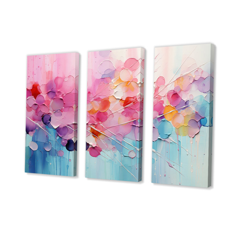 Rose pastel bleu patchwork - collage abstrait art mural ensemble de salon (ensemble de 3), H 40 po x l 60 po x P 1 po