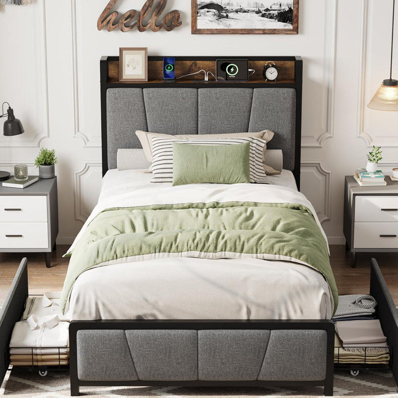 Twin Upholstered Bed Frame with 2 Drawers & Charging Station, Twin