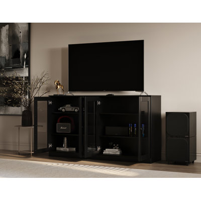 Meuble télé 100% bois massif, console de 64 po de largeur avec portes en verre et rangement