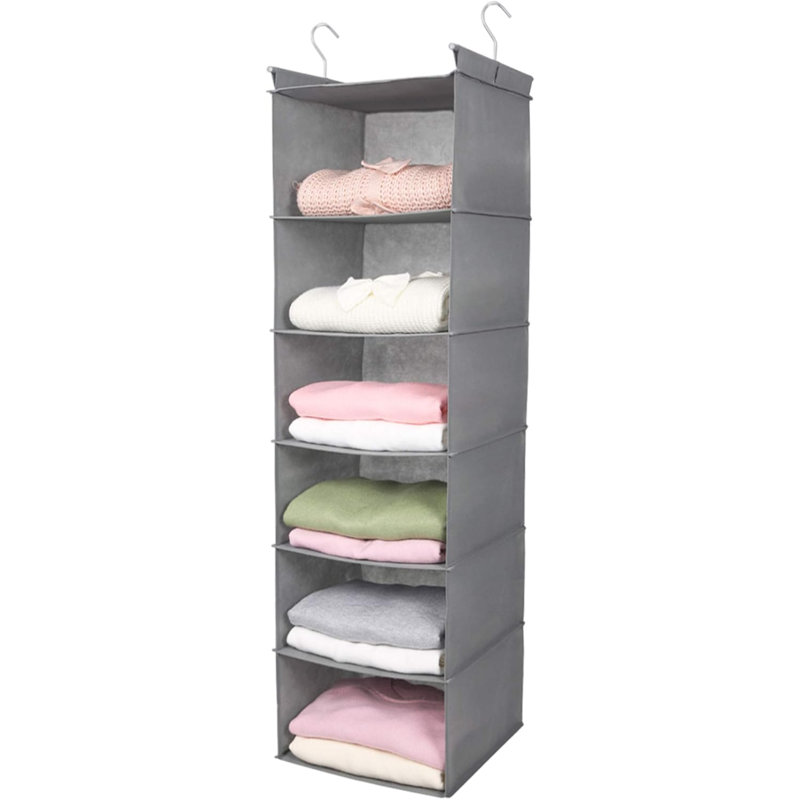 6 Tier Shelf Hanging Closet Organizer, Closet Hanging Shelf With 2 Sturdy Hooks For Storage, Foldable, Grey